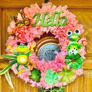 Springtime Frog  tablecloth wreath pink and green
